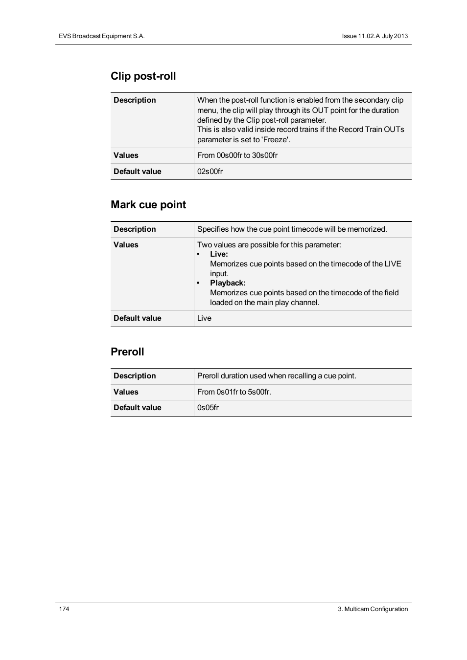 Clip post-roll, Mark cue point, Preroll | EVS XT2 Version 11.02 - July 2013 Configuration Manual User Manual | Page 182 / 220