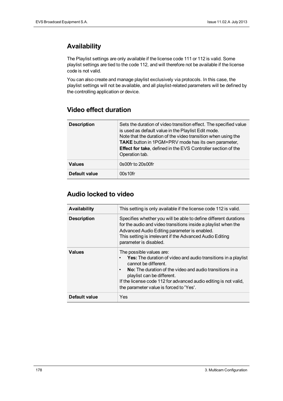 Availability, Video effect duration, Audio locked to video | EVS XT2 Version 11.02 - July 2013 Configuration Manual User Manual | Page 186 / 220