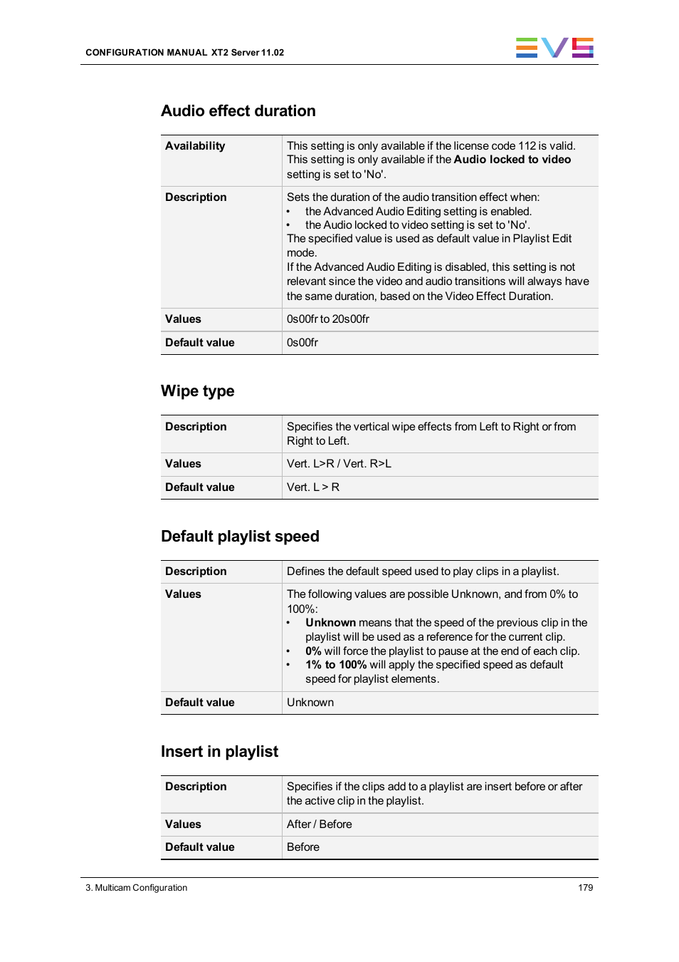 Audio effect duration, Wipe type, Default playlist speed | Insert in playlist | EVS XT2 Version 11.02 - July 2013 Configuration Manual User Manual | Page 187 / 220