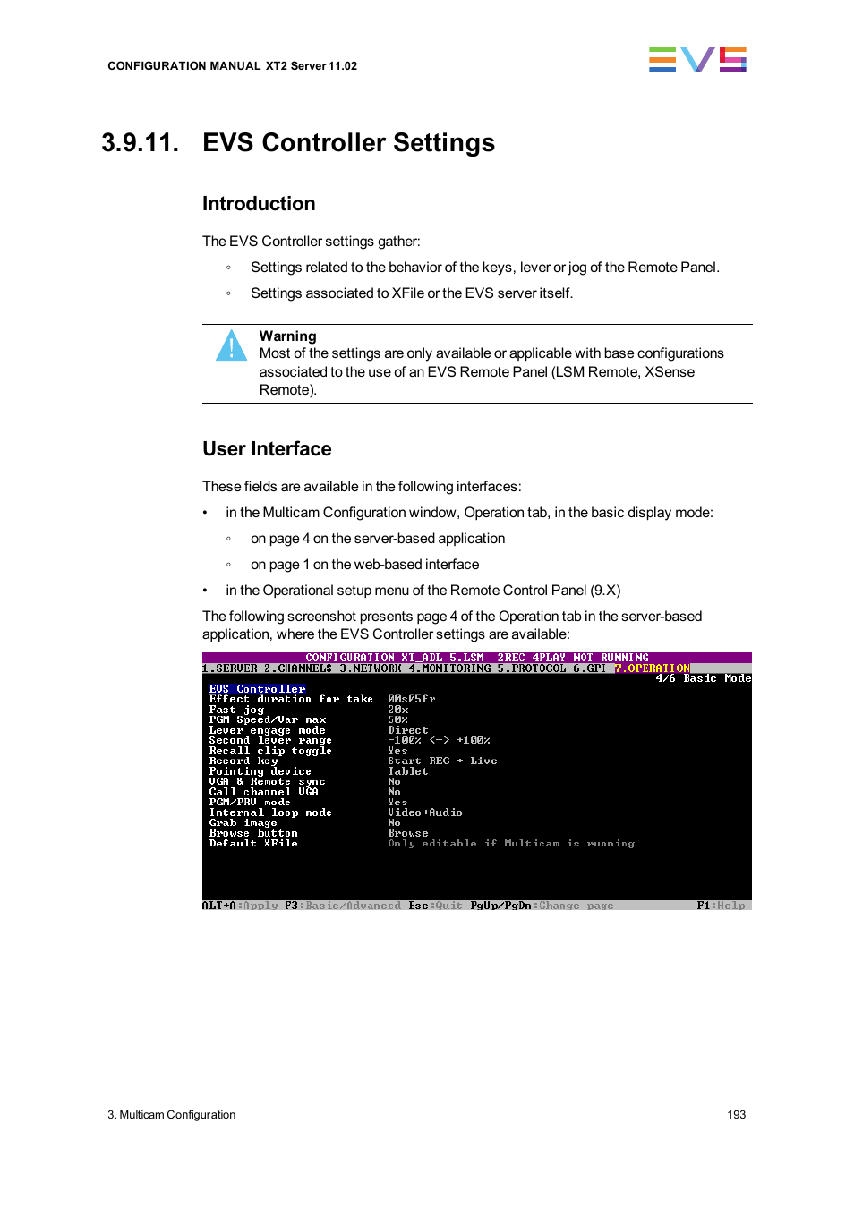 Evs controller settings, Controller settings, Introduction | User interface | EVS XT2 Version 11.02 - July 2013 Configuration Manual User Manual | Page 201 / 220