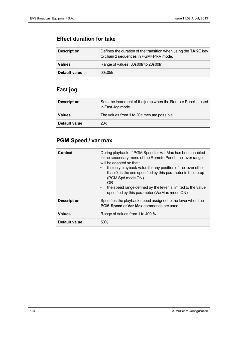 Effect duration for take, Fast jog, Pgm speed / var max | EVS XT2 Version 11.02 - July 2013 Configuration Manual User Manual | Page 202 / 220