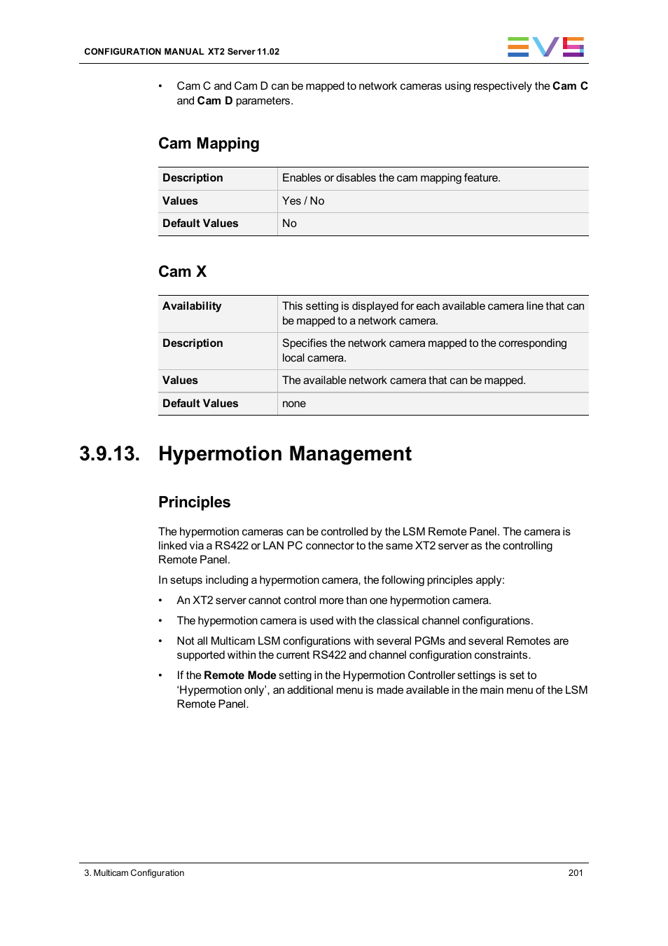 Hypermotion management, Cam mapping, Cam x | Principles | EVS XT2 Version 11.02 - July 2013 Configuration Manual User Manual | Page 209 / 220