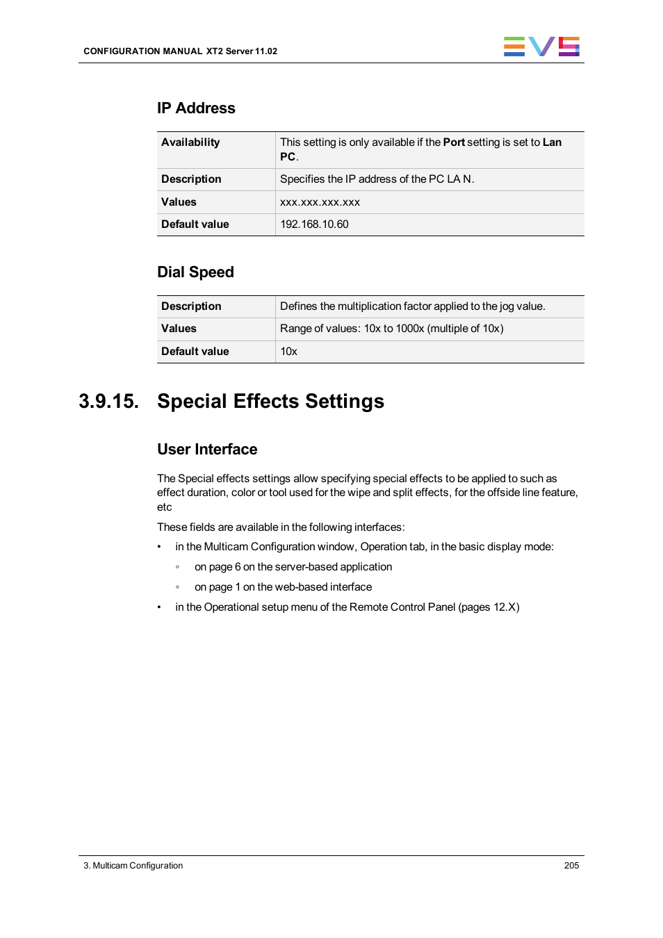 Special effects settings, Ip address, Dial speed | User interface | EVS XT2 Version 11.02 - July 2013 Configuration Manual User Manual | Page 213 / 220