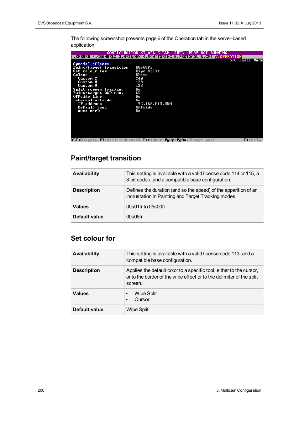 Paint/target transition, Set colour for | EVS XT2 Version 11.02 - July 2013 Configuration Manual User Manual | Page 214 / 220