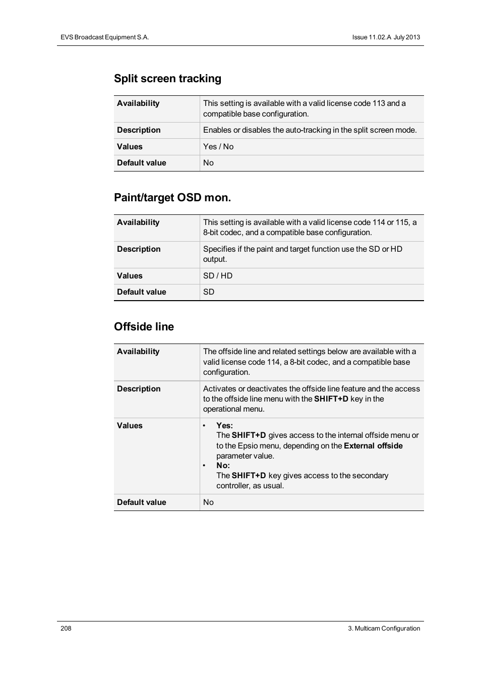 Split screen tracking, Paint/target osd mon, Offside line | EVS XT2 Version 11.02 - July 2013 Configuration Manual User Manual | Page 216 / 220