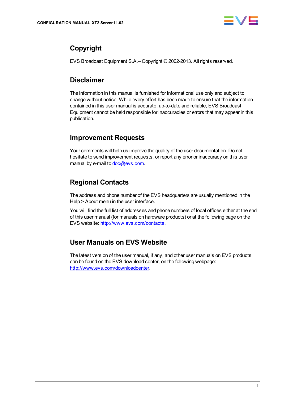 Copyright, Disclaimer, Improvement requests | Regional contacts, User manuals on evs website | EVS XT2 Version 11.02 - July 2013 Configuration Manual User Manual | Page 3 / 220