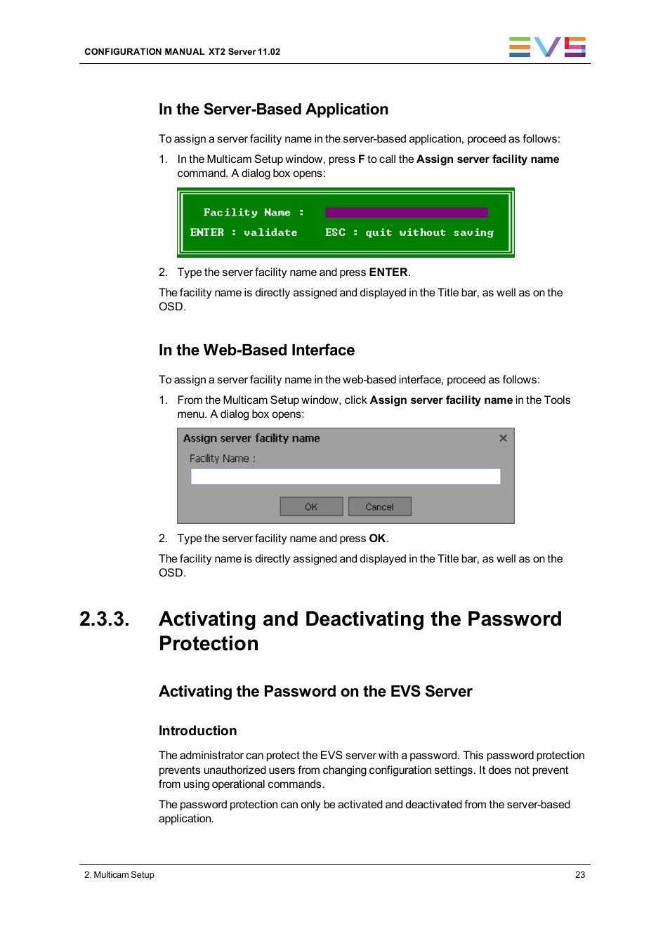 Enable password for technical settings, Activating the password on the evs server | EVS XT2 Version 11.02 - July 2013 Configuration Manual User Manual | Page 31 / 220