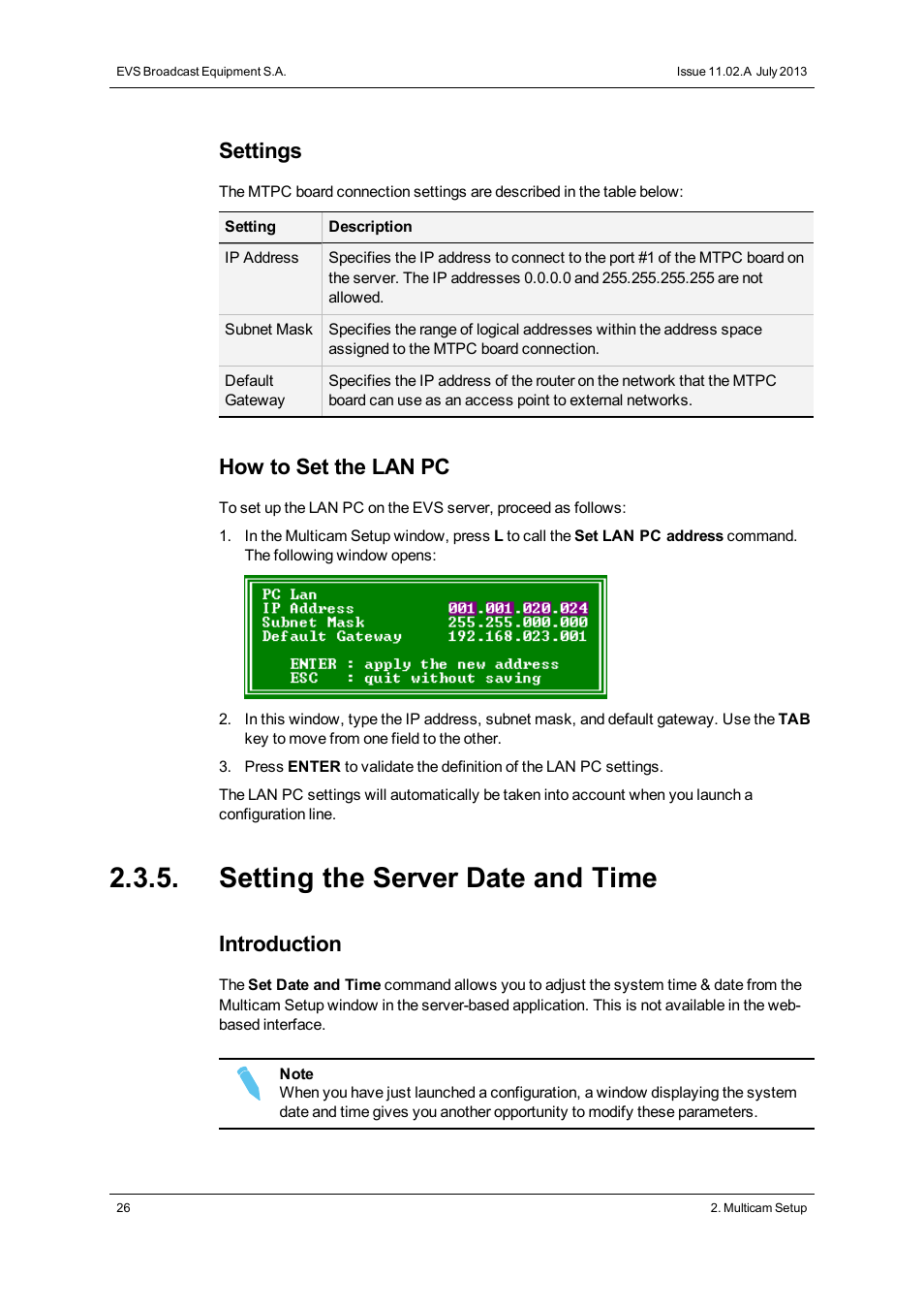 Setting the server date and time, Set date and time, Settings | How to set the lan pc, Introduction | EVS XT2 Version 11.02 - July 2013 Configuration Manual User Manual | Page 34 / 220