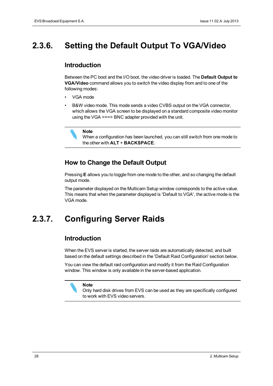 Setting the default output to vga/video, Configuring server raids, Raid configuration | Default to vga, Introduction, How to change the default output | EVS XT2 Version 11.02 - July 2013 Configuration Manual User Manual | Page 36 / 220