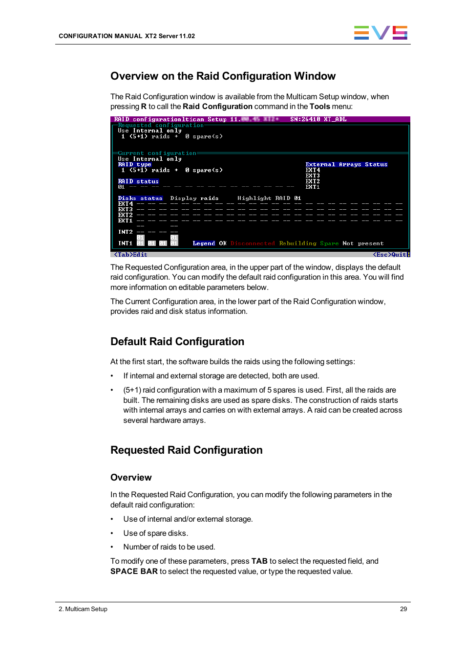 Overview on the raid configuration window, Default raid configuration, Requested raid configuration | EVS XT2 Version 11.02 - July 2013 Configuration Manual User Manual | Page 37 / 220