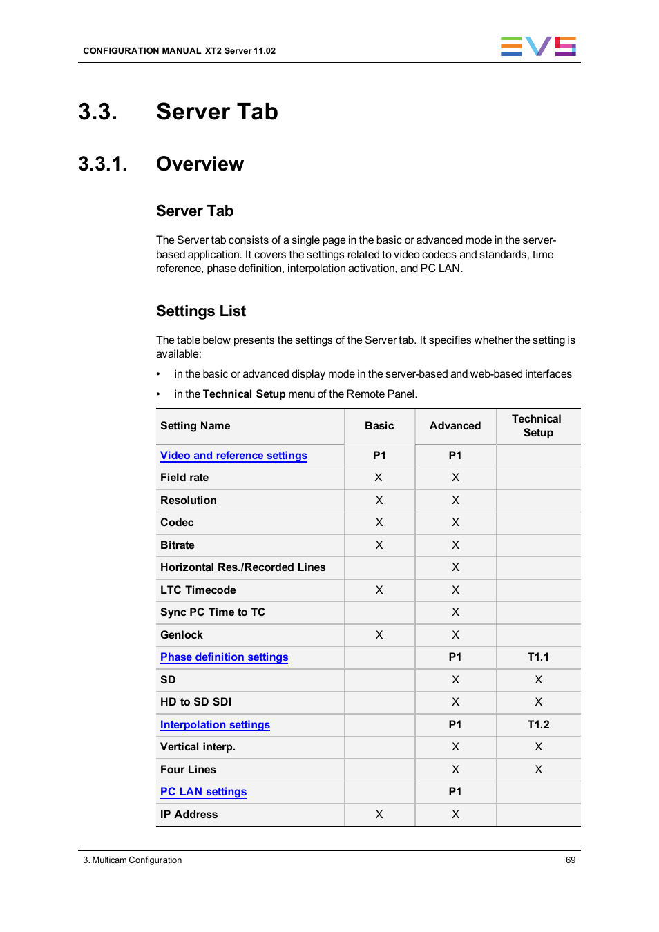 Server tab, Overview, Server settings | Settings list | EVS XT2 Version 11.02 - July 2013 Configuration Manual User Manual | Page 77 / 220