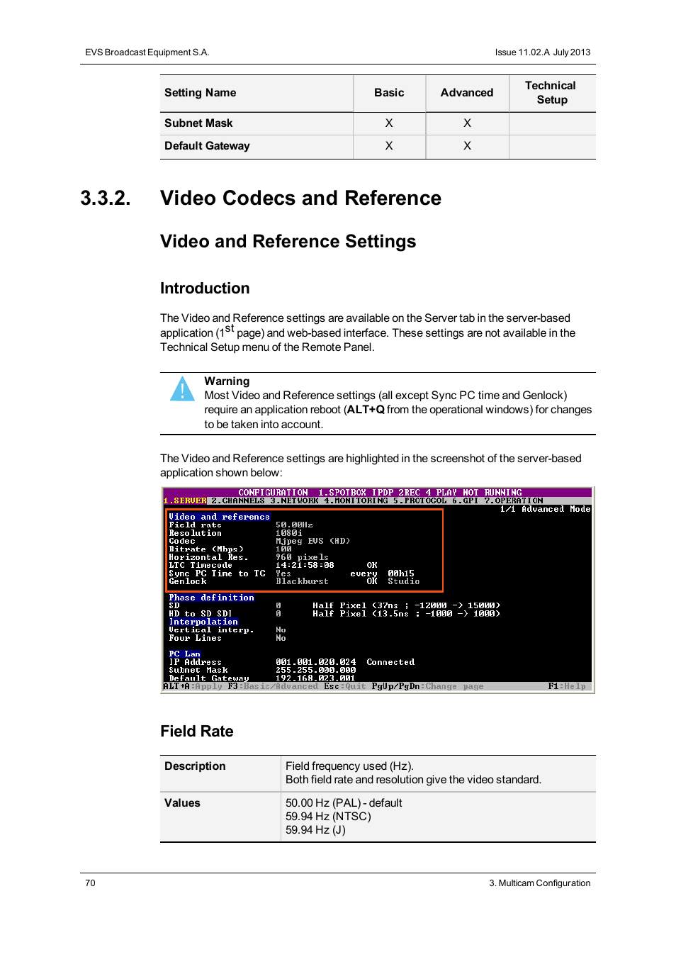 Video codecs and reference, Video and reference settings, Introduction | Field rate | EVS XT2 Version 11.02 - July 2013 Configuration Manual User Manual | Page 78 / 220