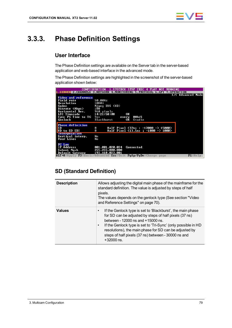 Phase definition settings, User interface, Sd (standard definition) | EVS XT2 Version 11.02 - July 2013 Configuration Manual User Manual | Page 87 / 220
