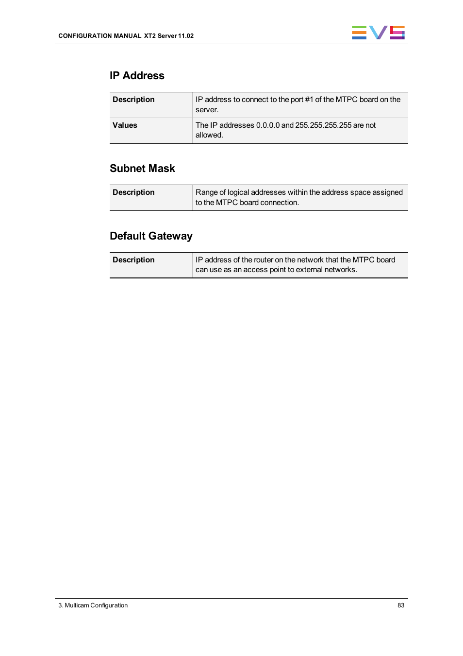 Ip address, Subnet mask, Default gateway | EVS XT2 Version 11.02 - July 2013 Configuration Manual User Manual | Page 91 / 220