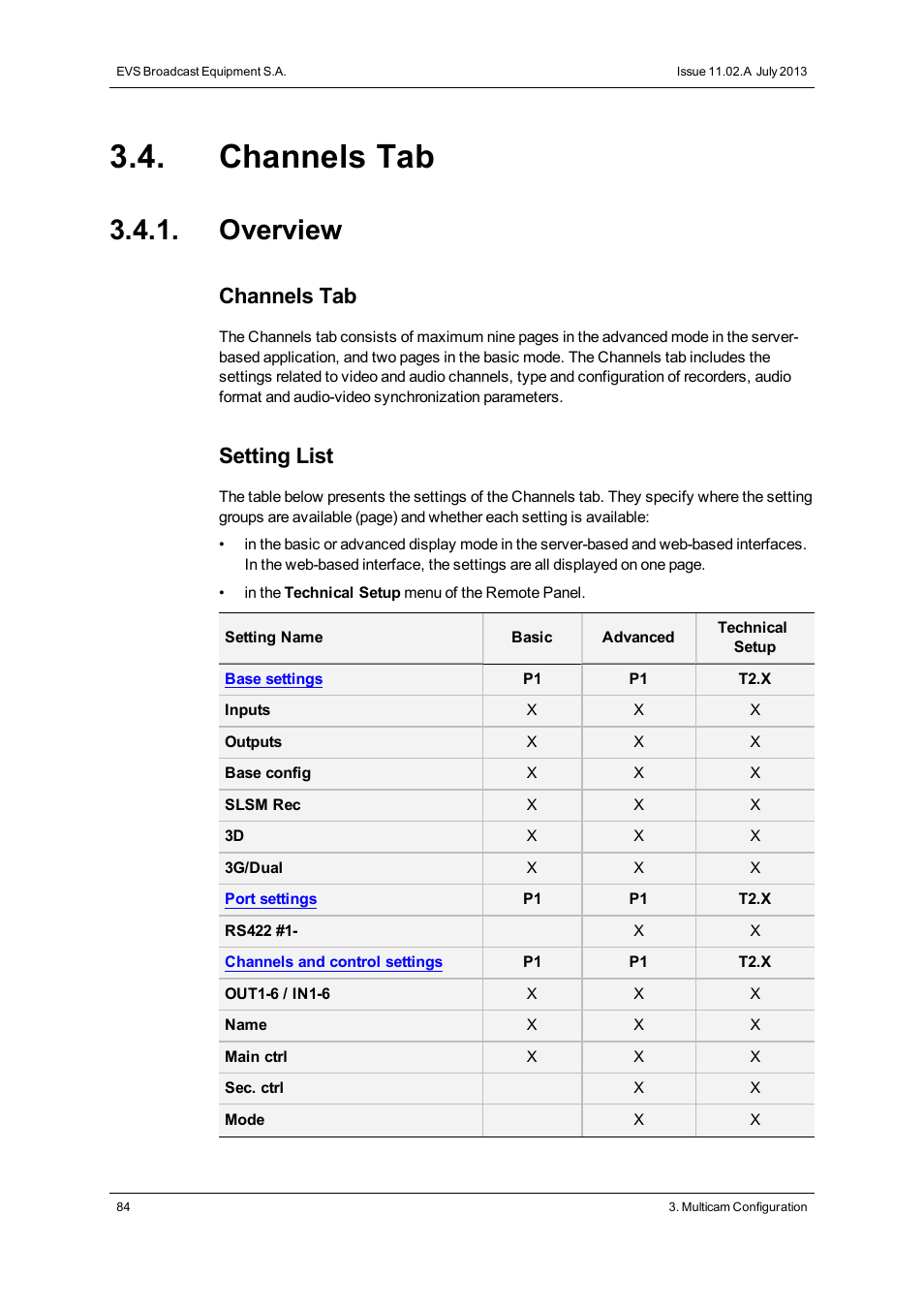 Channels tab, Overview, Channels settings | Setting list | EVS XT2 Version 11.02 - July 2013 Configuration Manual User Manual | Page 92 / 220