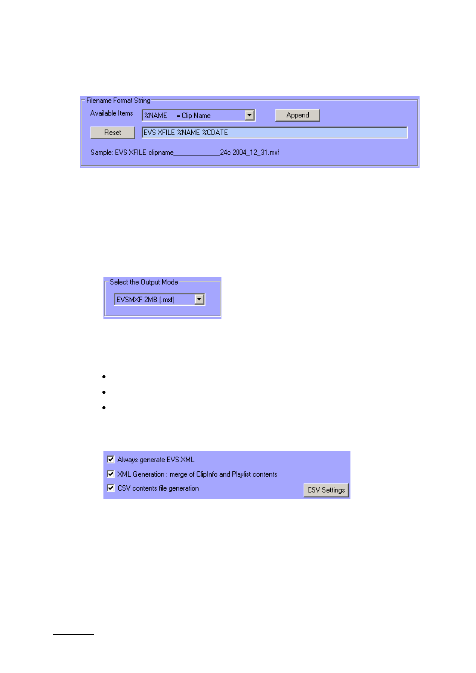 Media file settings, Filename format string, Output mode | Metadata file settings, Always generate evs.xml | EVS Xfile Version 2.16 - November 2011 User Manual User Manual | Page 110 / 192
