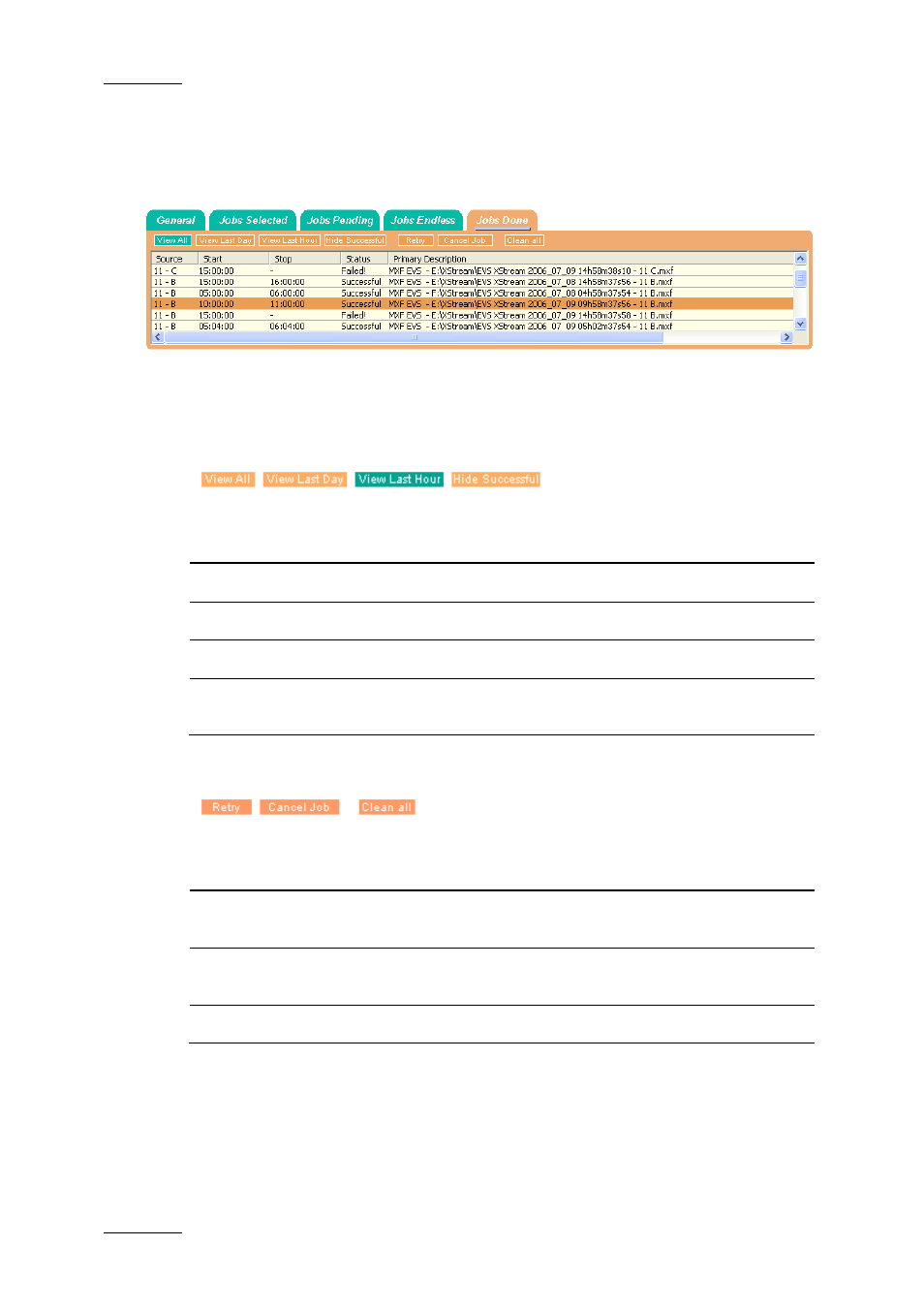 5 status area, 1 jobs done tab, Status area | Jobs done tab | EVS Xfile Version 2.16 - November 2011 User Manual User Manual | Page 130 / 192
