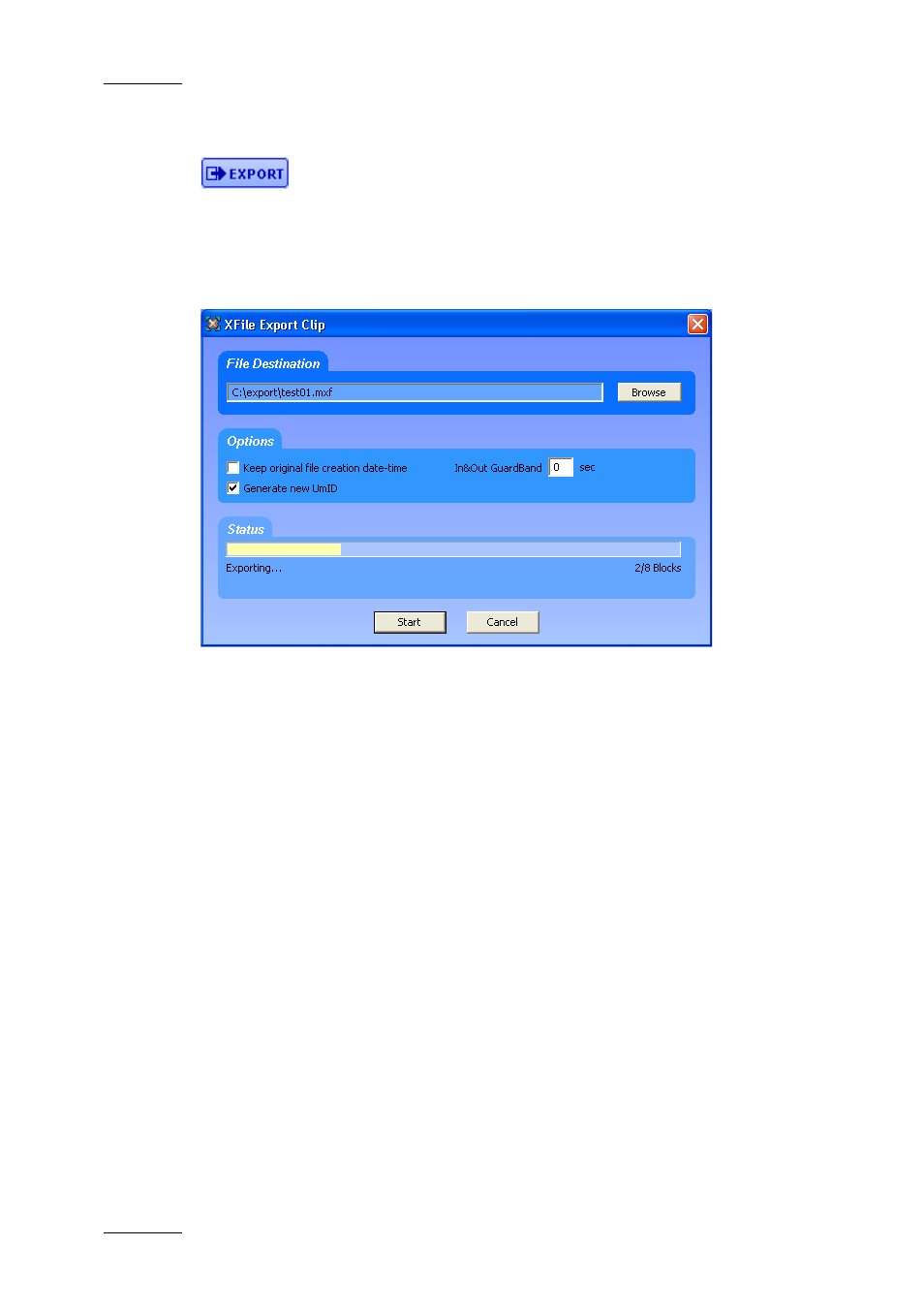 Export option, File destination area, Options area | Keep original file creation date-time, Guardbands, Generate new umid | EVS Xfile Version 2.16 - November 2011 User Manual User Manual | Page 168 / 192