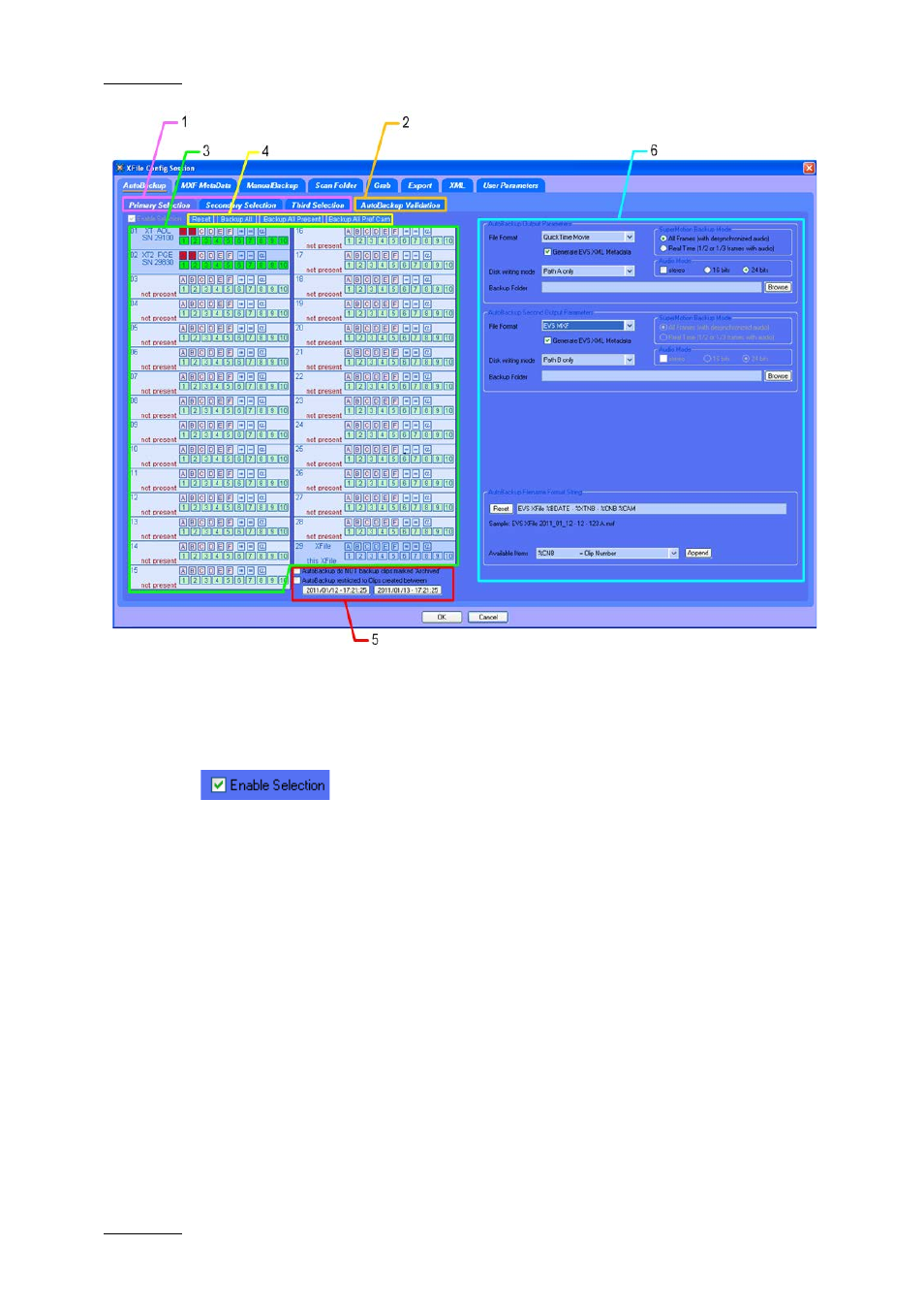 Selection tabs, Selection list, Server selection | EVS Xfile Version 2.16 - November 2011 User Manual User Manual | Page 26 / 192