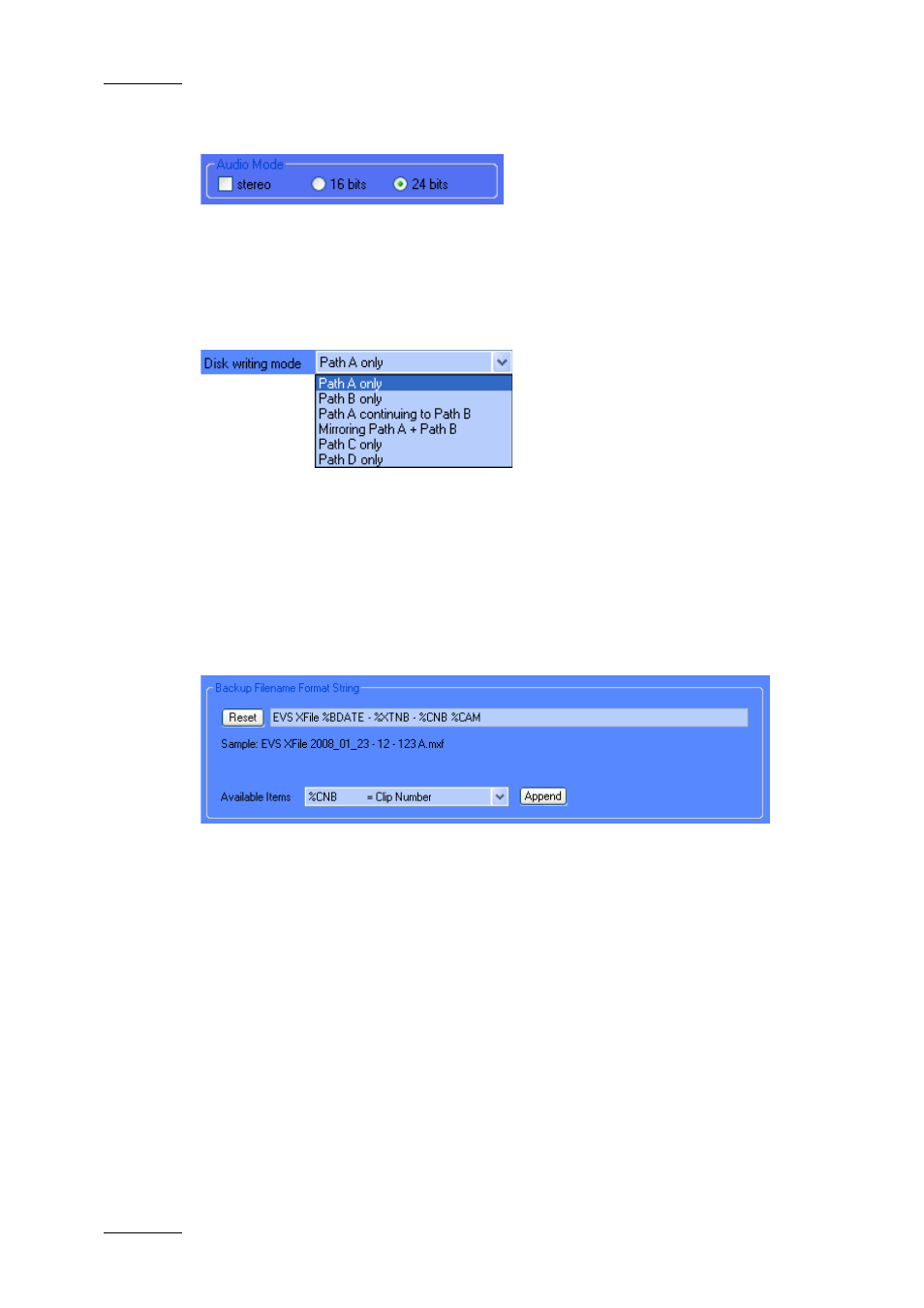 Audio mode, Disk writing mode, Backup folder | Backup filename format string, How to modify the default filename format string | EVS Xfile Version 2.16 - November 2011 User Manual User Manual | Page 38 / 192