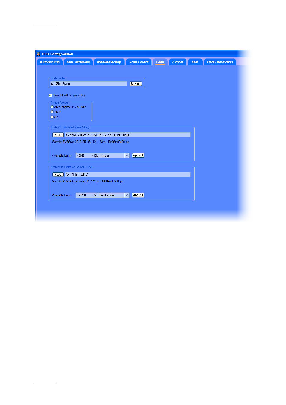 5 tab 5 – grab, Grab folder, Stretch field to frame size | Output format, Tab 5 – grab | EVS Xfile Version 2.16 - November 2011 User Manual User Manual | Page 44 / 192