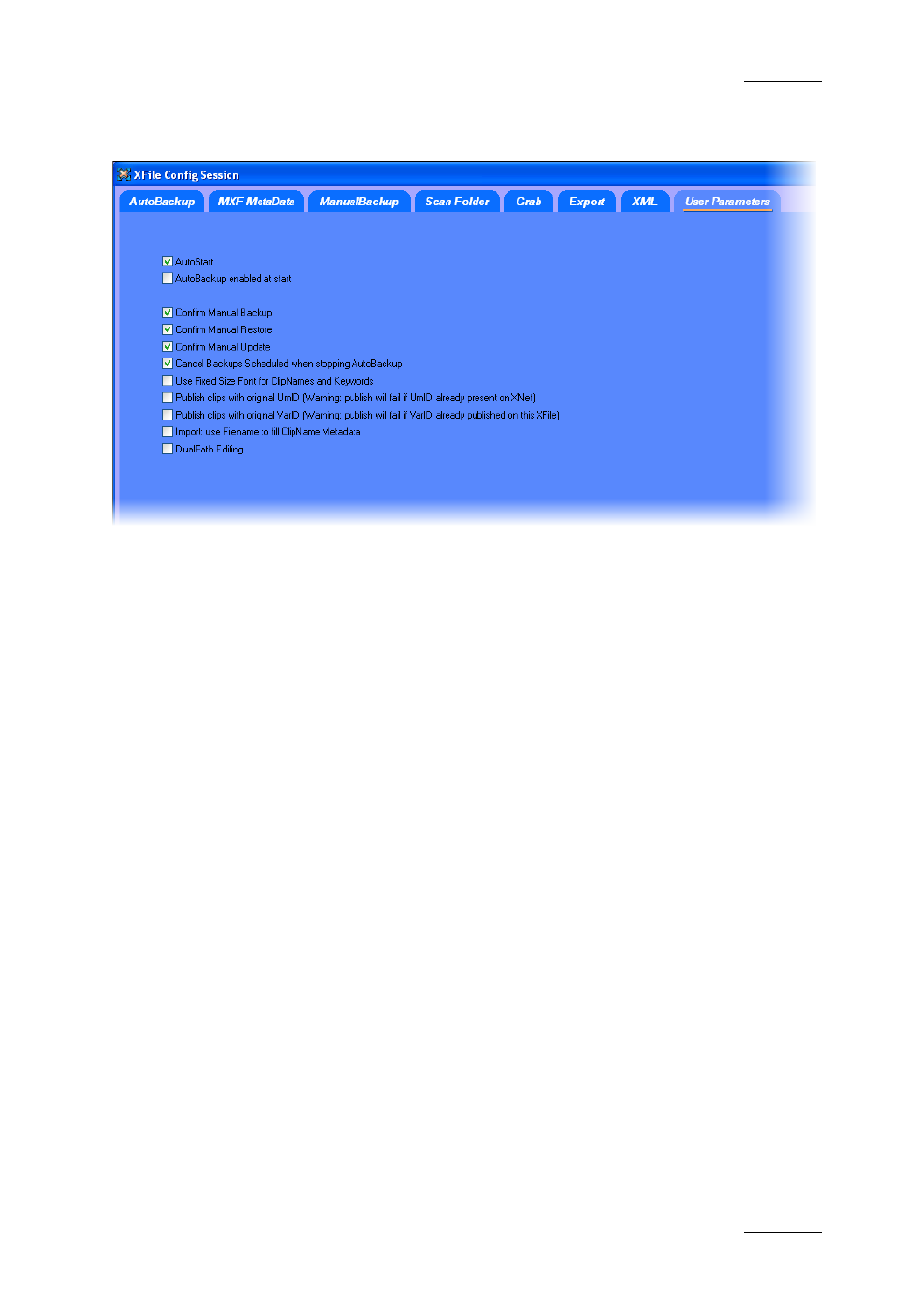 8 tab 8 – user parameters, Autostart, Autobackup at startup | Confirm manual backup, Confirm manual restore, Confirm manual update, Cancel backups scheduled when stopping autobackup, Use fixed size font for clipnames and keywords, Tab 8 – user parameters, Arameters | EVS Xfile Version 2.16 - November 2011 User Manual User Manual | Page 53 / 192