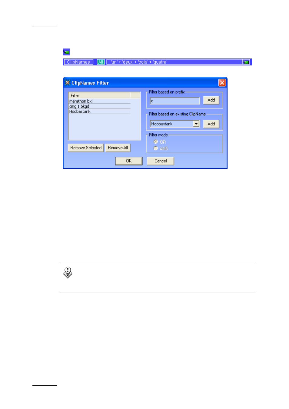 Clip names, Filter based on prefix, Filter based on existing clipname | Remove selected, Ok/cancel | EVS Xfile Version 2.16 - November 2011 User Manual User Manual | Page 64 / 192