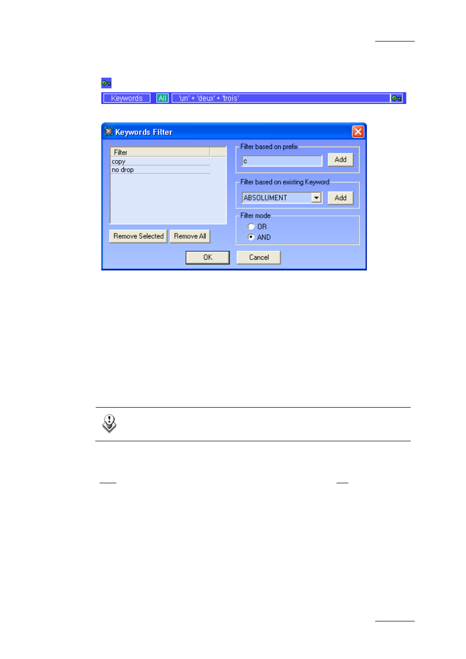 Keywords, Filter based on prefix, Filter based on existing keyword | Filter mode, Remove selected, Ok / cancel | EVS Xfile Version 2.16 - November 2011 User Manual User Manual | Page 65 / 192