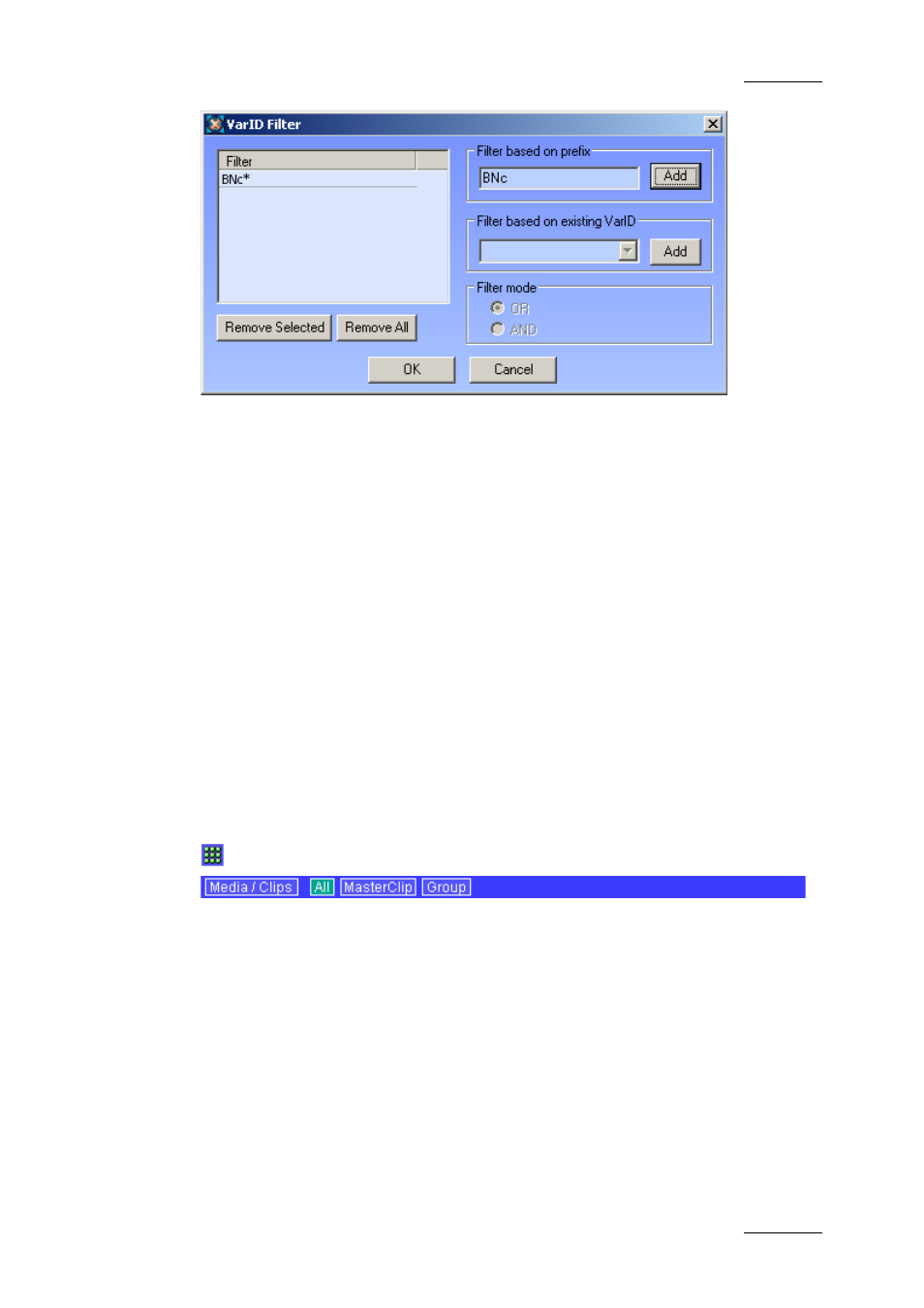 Filter based on prefix, Remove selected, Ok/cancel | Media / clips | EVS Xfile Version 2.16 - November 2011 User Manual User Manual | Page 67 / 192