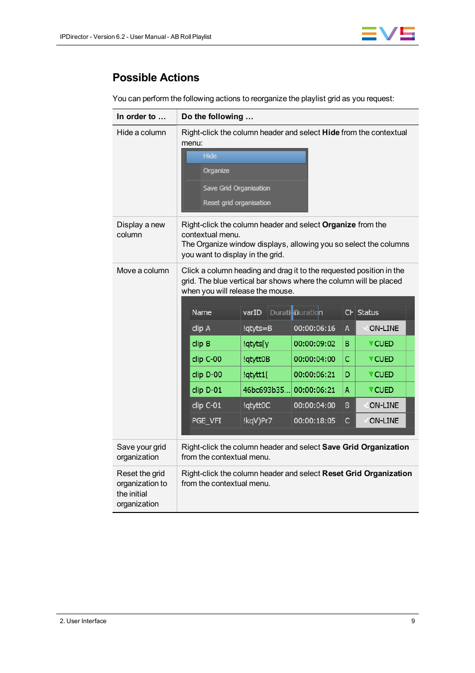 Possible actions | EVS IPDirector Version 6.2 - June 2013 AB ROLL PLAYLIST User Manual User Manual | Page 17 / 52