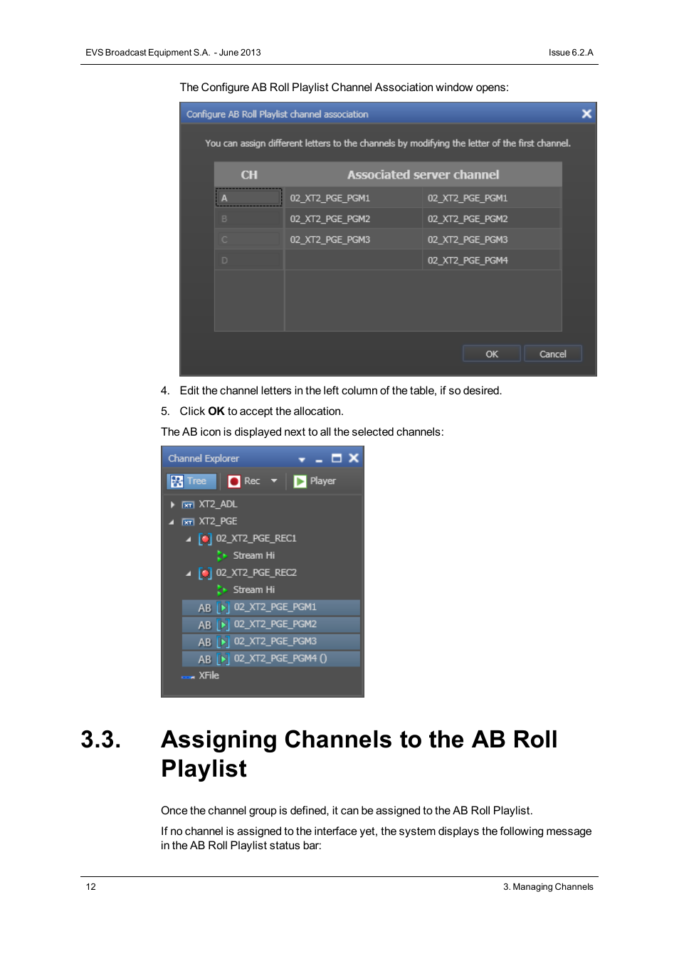 Assigning channels to the ab roll playlist | EVS IPDirector Version 6.2 - June 2013 AB ROLL PLAYLIST User Manual User Manual | Page 20 / 52