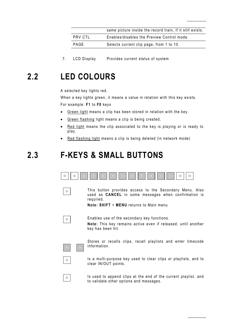 2 led colours, 3 f-keys & small buttons | EVS MulticamLSM Version 10.01 - July 2009 Operating Manual User Manual | Page 16 / 185