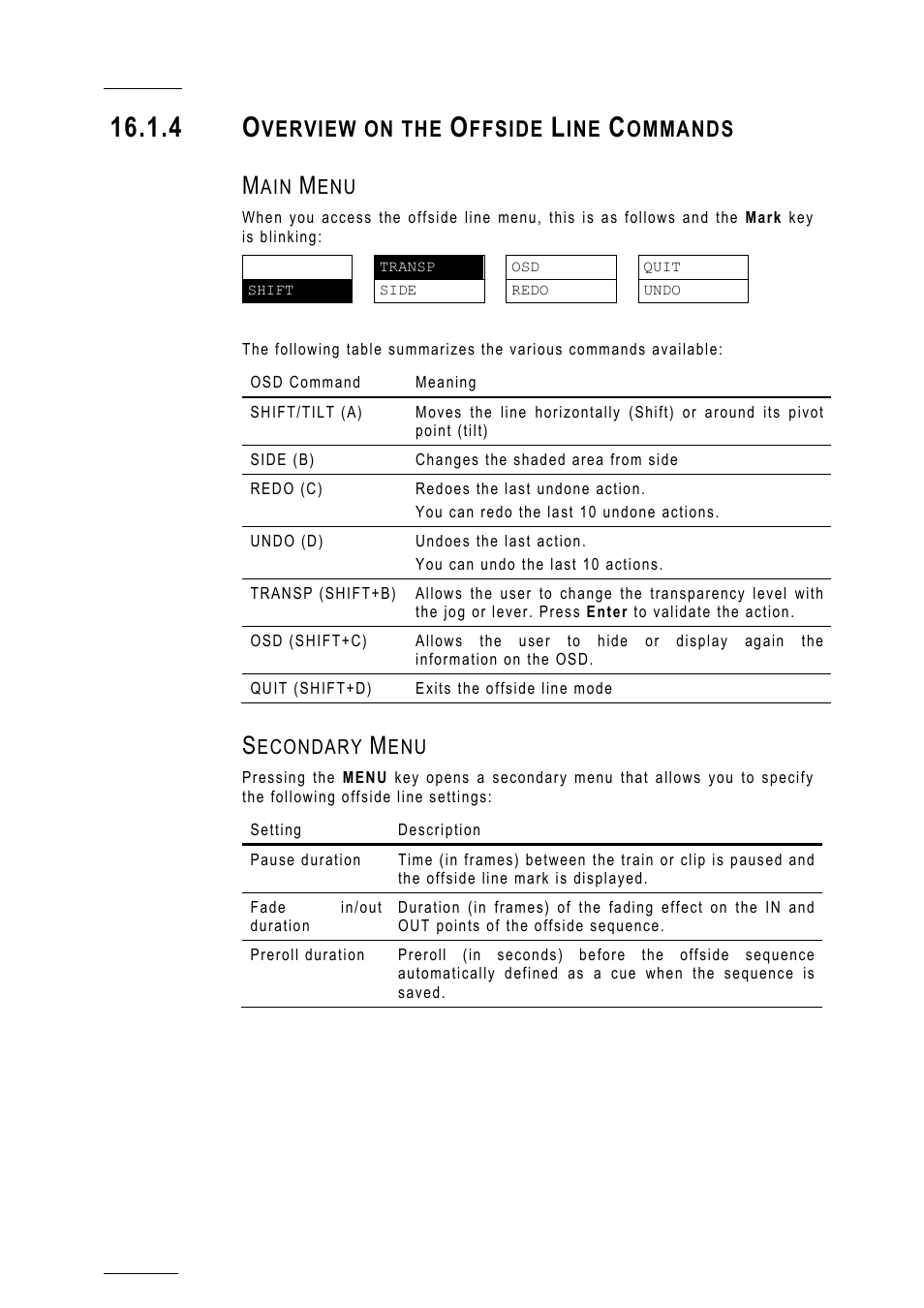 4 overview on the offside line commands, Main menu, Secondary menu | Offside_commands, Verview on the, Ffside, Ommands | EVS MulticamLSM Version 10.01 - July 2009 Operating Manual User Manual | Page 167 / 185