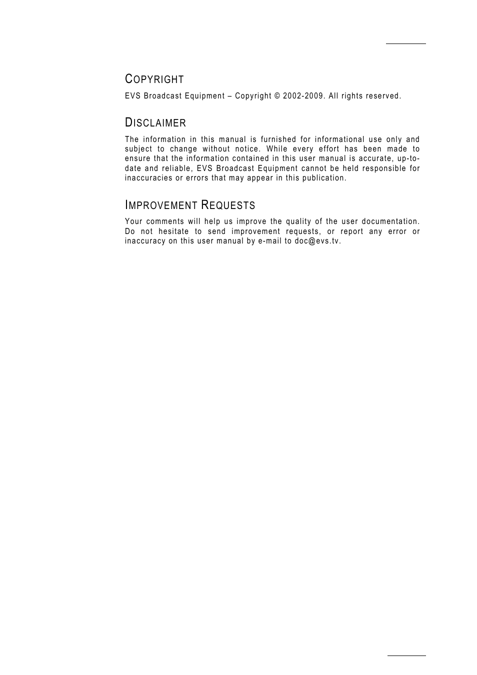 Copyright, Disclaimer, Improvement requests | EVS MulticamLSM Version 10.01 - July 2009 Operating Manual User Manual | Page 2 / 185