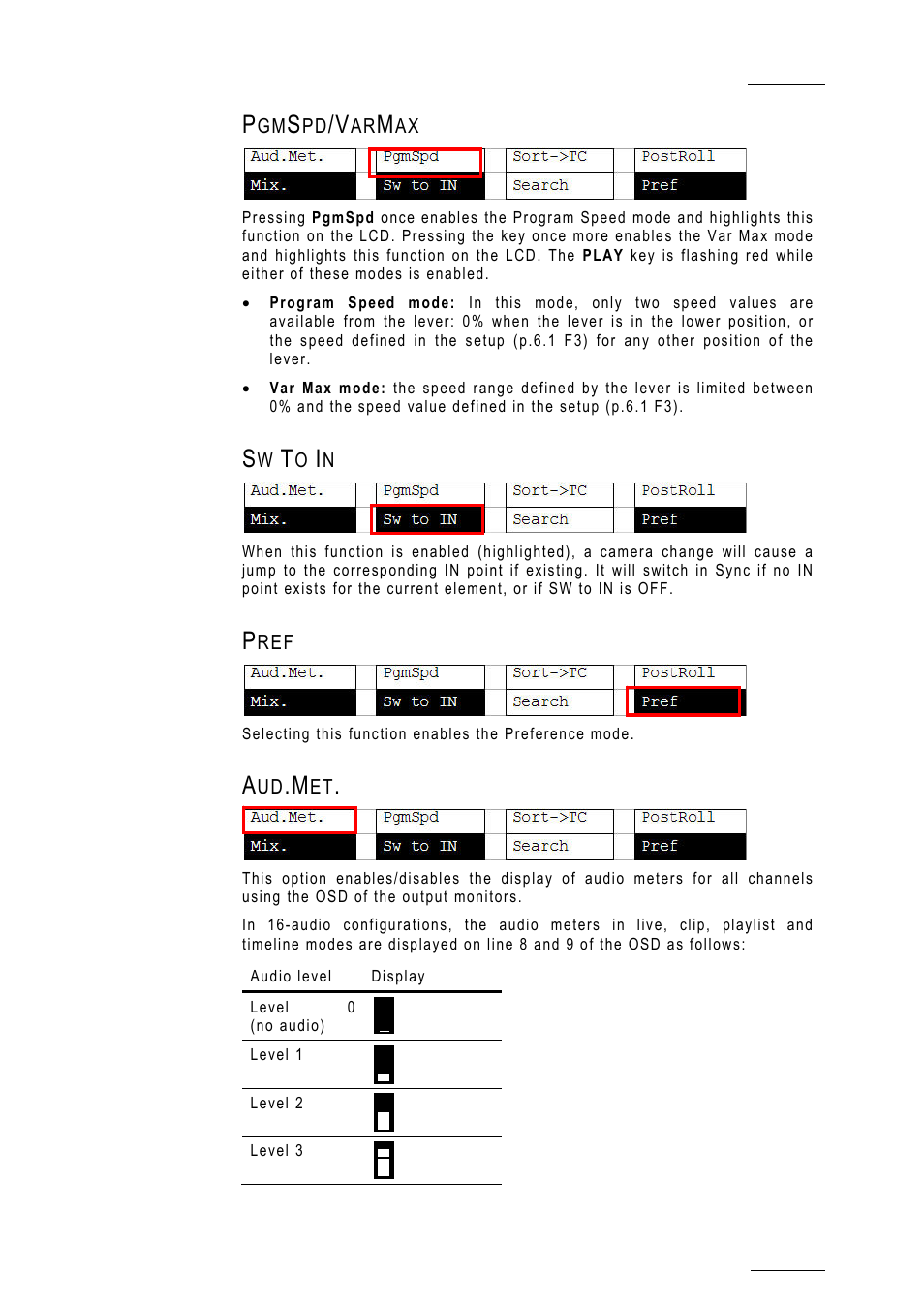 Pgmspd/varmax, Sw to in, Pref | Aud.met, Rp_secmen_pgmspd_varmax | EVS MulticamLSM Version 10.01 - July 2009 Operating Manual User Manual | Page 34 / 185