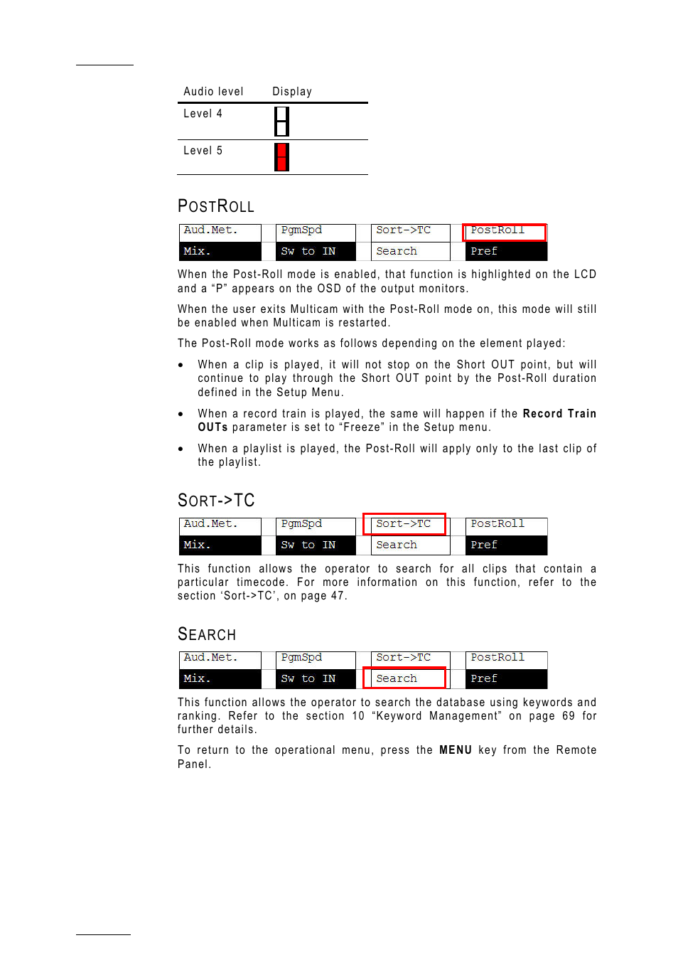 Postroll, Sort->tc, Search | EVS MulticamLSM Version 10.01 - July 2009 Operating Manual User Manual | Page 35 / 185
