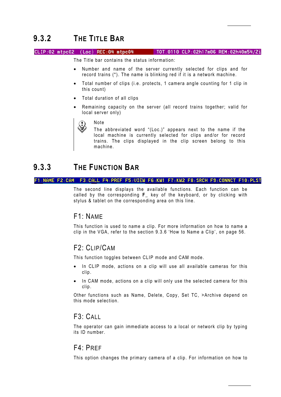 2 the title bar, 3 the function bar, F1: name | F2: clip/cam, F3: call, F4: pref | EVS MulticamLSM Version 10.01 - July 2009 Operating Manual User Manual | Page 60 / 185