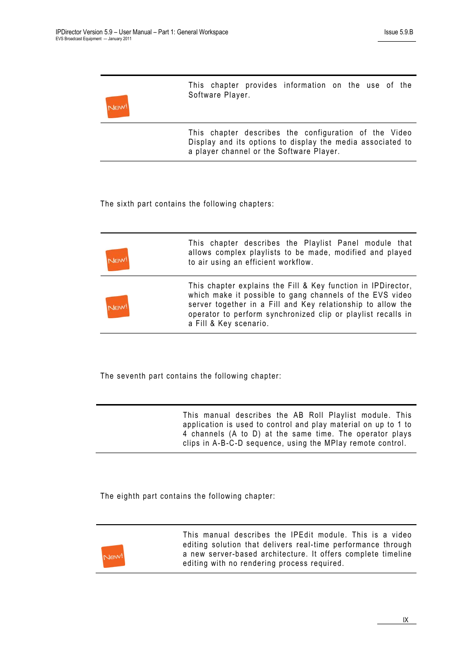 Part 6: playout – playlist panel, Part7: playout – ab roll playlist, Part 8: editing | EVS IPDirector Version 5.9 - January 2011 Part 1 User’s Manual User Manual | Page 10 / 131