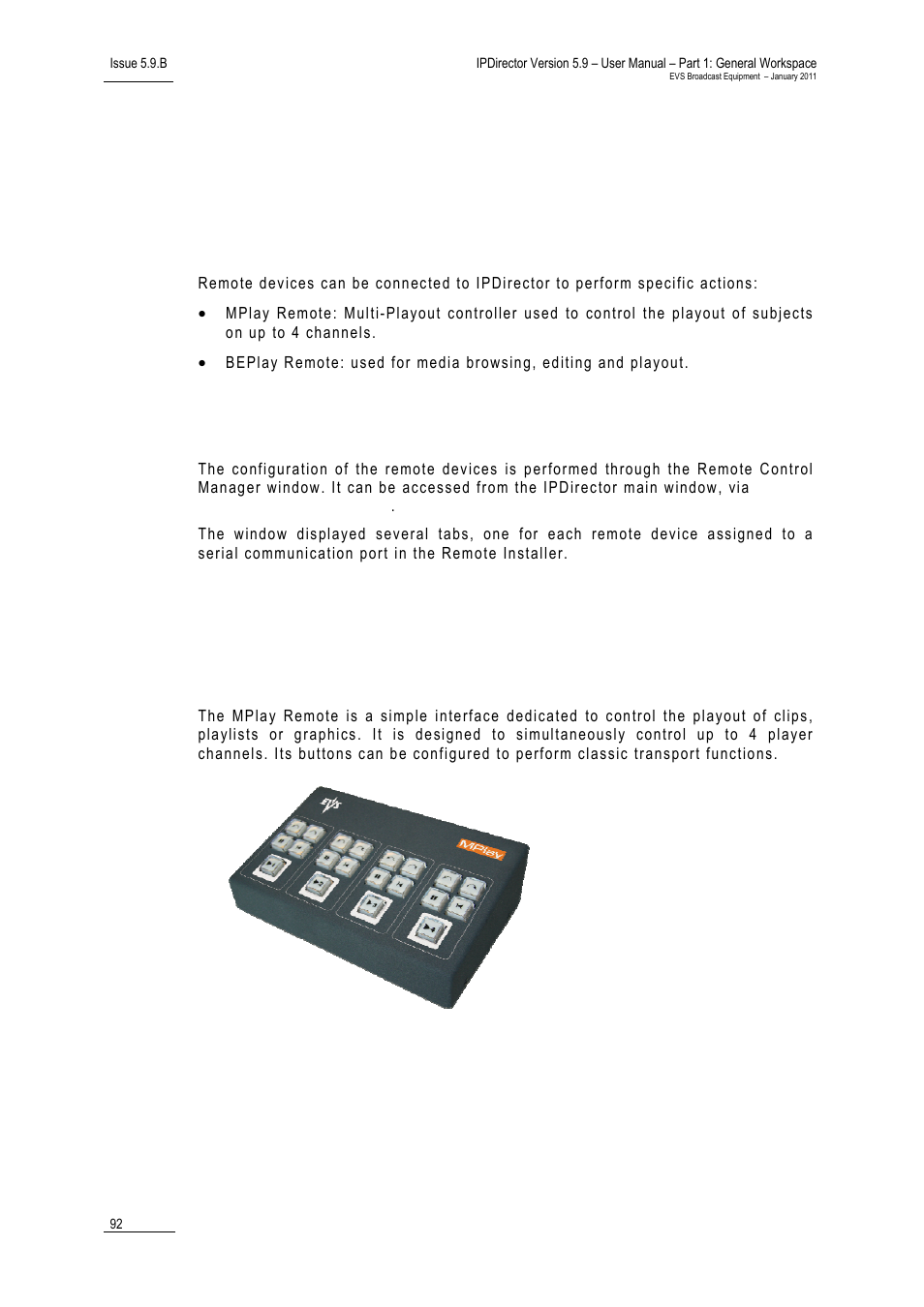 2 remote control management, 1 introduction, 2 opening the control manager window | 3 mplay remote, Introduction, How to apply another server configuration, 3 mp | EVS IPDirector Version 5.9 - January 2011 Part 1 User’s Manual User Manual | Page 103 / 131
