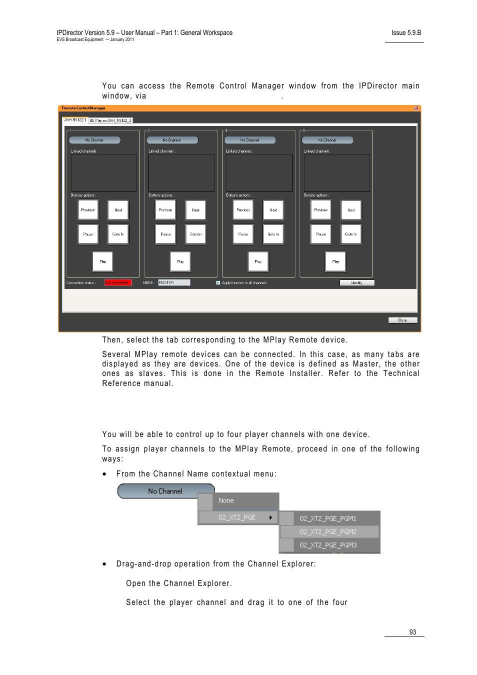 Mplay remote configuration, How to assign player channels, Channel explorer shortcuts | EVS IPDirector Version 5.9 - January 2011 Part 1 User’s Manual User Manual | Page 104 / 131