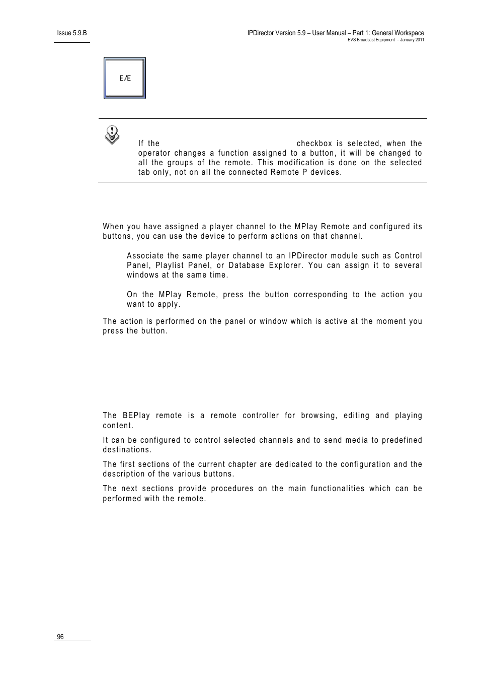 How to use the mplay remote, 4 beplay remote, Introduction | General shortcuts, 4 bep, Emote | EVS IPDirector Version 5.9 - January 2011 Part 1 User’s Manual User Manual | Page 107 / 131