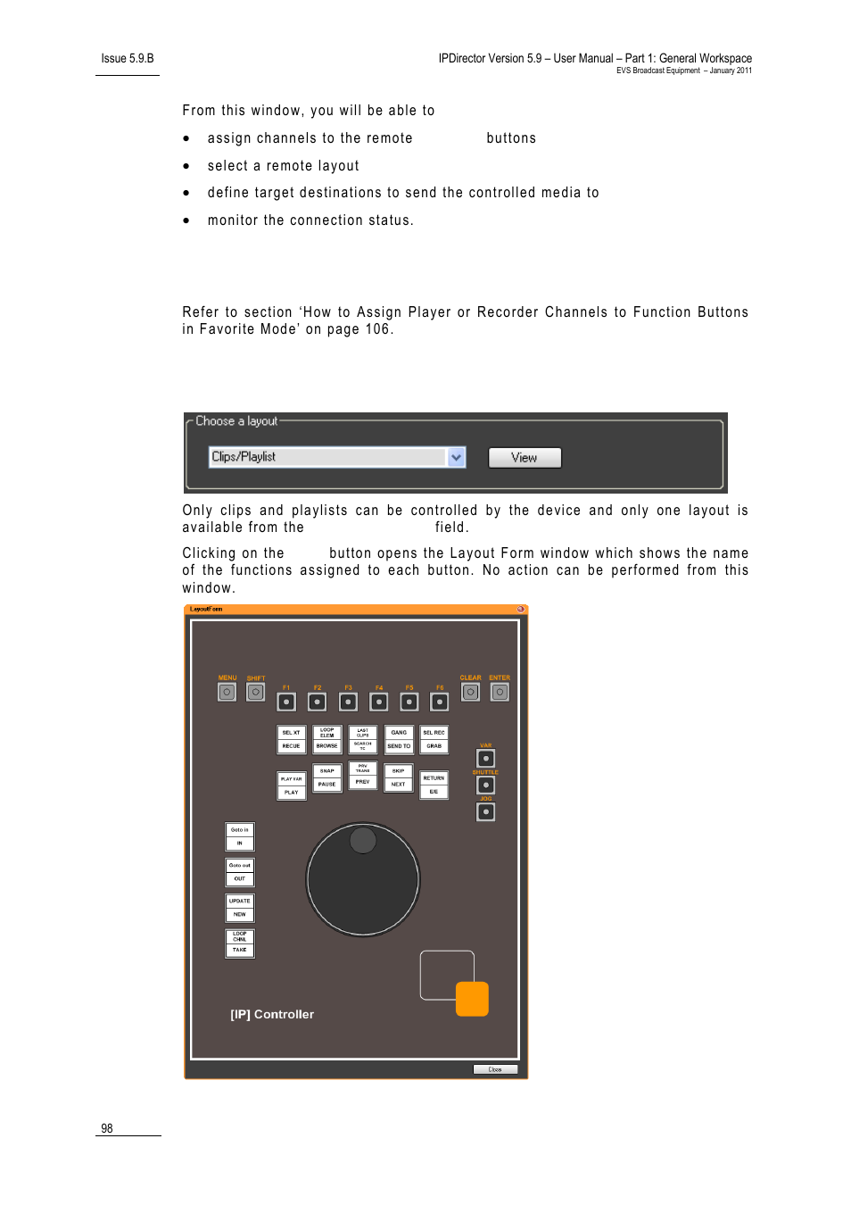 Assigning channels to function buttons, Using a remote layout, Channel management shortcuts | EVS IPDirector Version 5.9 - January 2011 Part 1 User’s Manual User Manual | Page 109 / 131