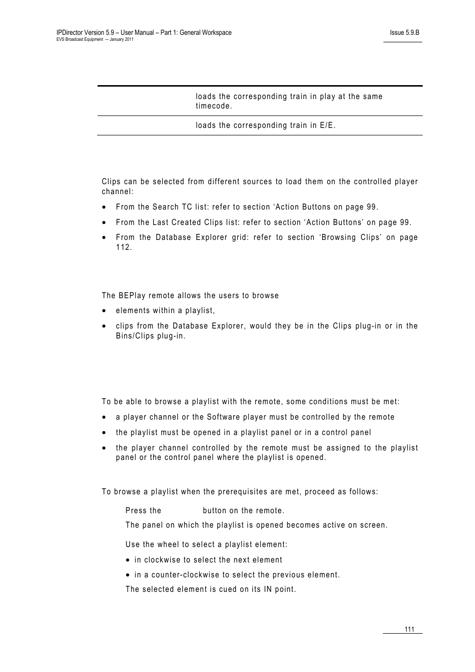 Loading a clip, Browsing media with the beplay remote, Browsing a playlist | Prerequisites, How to browse a playlist, Browsing media with the beplay remote’ o | EVS IPDirector Version 5.9 - January 2011 Part 1 User’s Manual User Manual | Page 122 / 131