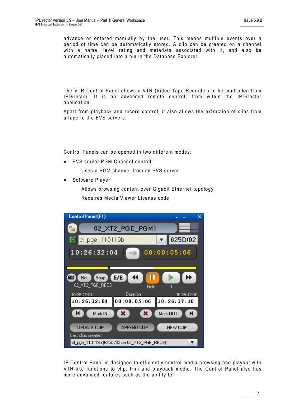 6 vtr control panel, 7 player control panel, Vtr control panel | Player control panel, 6 vtr, Ontrol, Anel, Layer | EVS IPDirector Version 5.9 - January 2011 Part 1 User’s Manual User Manual | Page 18 / 131