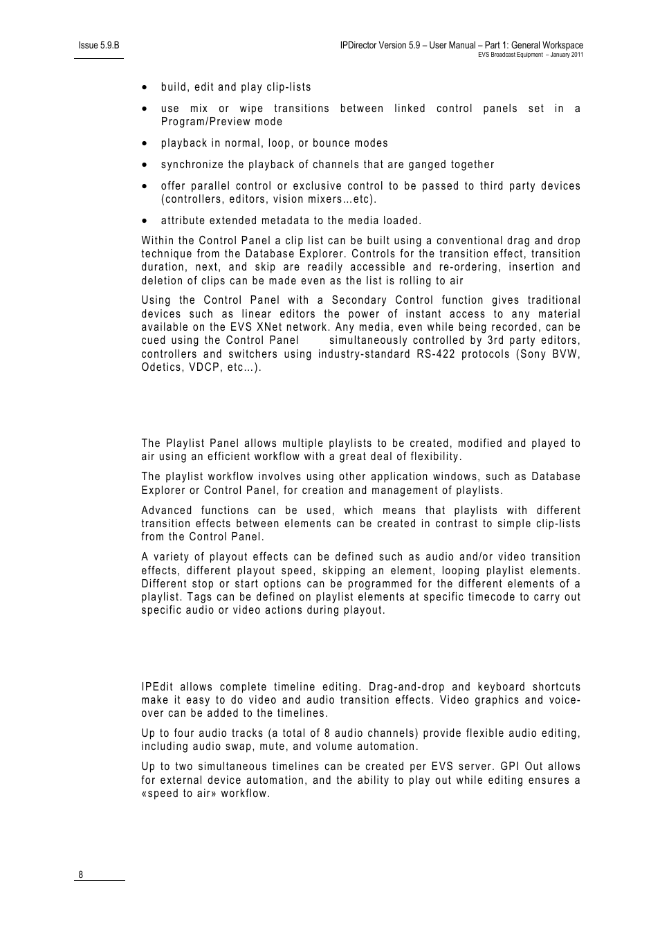 8 playlist panel, 9 ipedit, Playlist panel | Ipedit, 9 ipe, Laylist, Anel | EVS IPDirector Version 5.9 - January 2011 Part 1 User’s Manual User Manual | Page 19 / 131