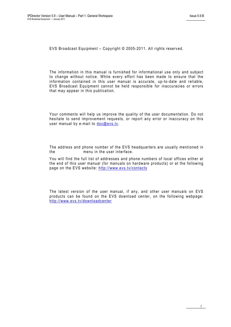 Copyright, Disclaimer, Improvement requests | Regional contacts, User manuals on evs website | EVS IPDirector Version 5.9 - January 2011 Part 1 User’s Manual User Manual | Page 2 / 131