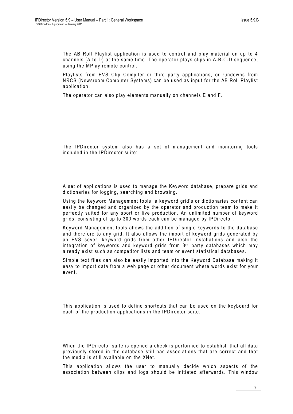 10 abroll playlist, 2 management and system applications, 1 keyword management | 2 keyboard shortcut definition, 3 logging association definition, Abroll playlist, Management and system applications, Keyword management, Keyboard shortcut definition, Logging association definition | EVS IPDirector Version 5.9 - January 2011 Part 1 User’s Manual User Manual | Page 20 / 131