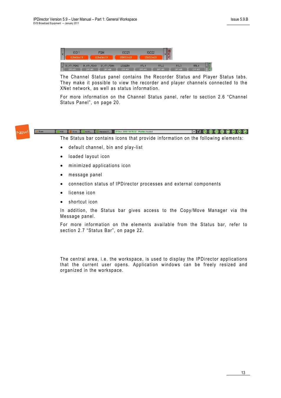 Channel status panel (4), Status bar (5), Workspace (6) | EVS IPDirector Version 5.9 - January 2011 Part 1 User’s Manual User Manual | Page 24 / 131