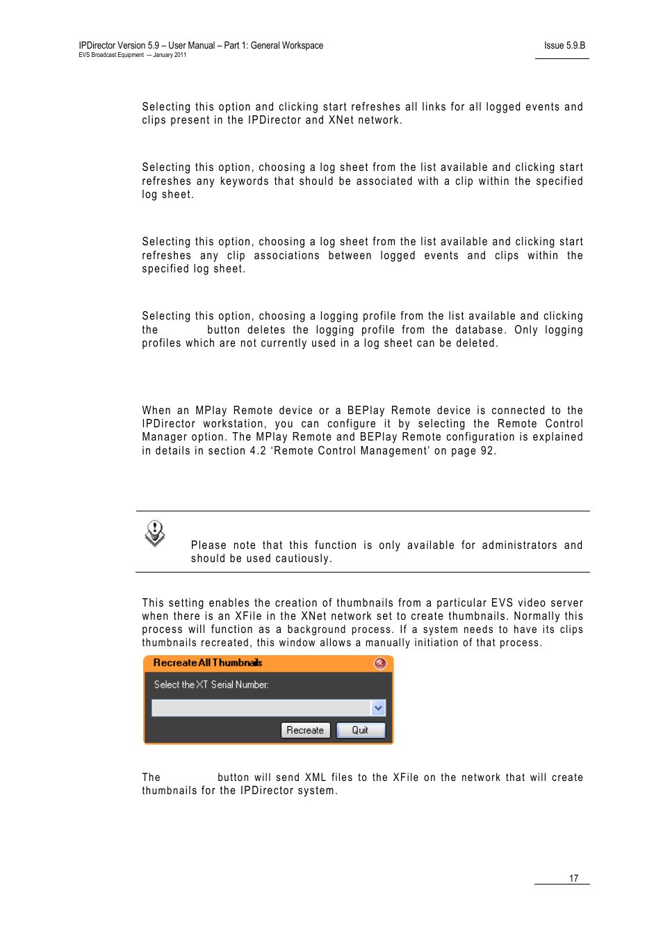 Refresh all associations between logs and clips, Delete a logging profile, Remote control manager | Recreate all thumbnails | EVS IPDirector Version 5.9 - January 2011 Part 1 User’s Manual User Manual | Page 28 / 131