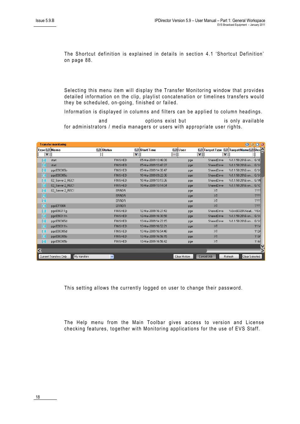 Define shortcuts, Transfer monitoring, Change password | 7 help menu | EVS IPDirector Version 5.9 - January 2011 Part 1 User’s Manual User Manual | Page 29 / 131